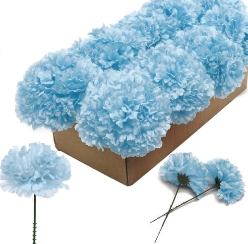 Larksilk 100 Pack Artificial Carnations - Bulk Silk Flowers for Weddings, Mother's Day, Graduations, Easter & Memorial Day - 3.5" Heads, 5" Stems, Real Touch Petals, 18 Colors Available - Blue - color: Blue, size: 100