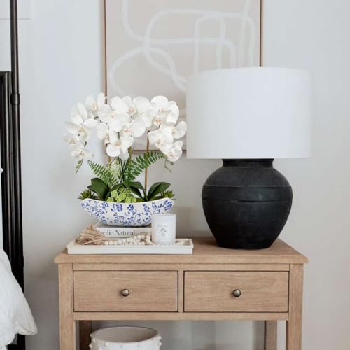 Briful Orchid Artificial Flowers 18in White Fake Orchid Silk Flowers with Blue and White Ceramic Vase Faux Orchid Arrangement for Home Office Room Coffee Table Centerpiece Modern Decor - color: White-floral Pattern Vase