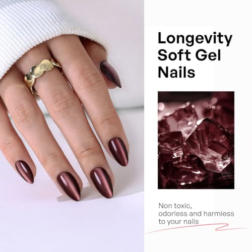 32Pcs Soft Gel Press on Nails for Women, Brown Cateye, Short Almond | Magnetic Glass Cat Eye False Fake Nails Press Ons for Office Daily Wear, Salon Quality Reusable Glue & Stick on Nail Gift Kit - color: 1A-Brown Cateye