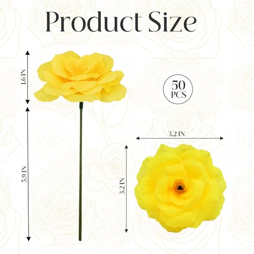 Rose Artificial Flowers, 50Pcs Yellow Roses Head Flowers Bulk with Stem, 3 Inches Silk Rose Fake Flower Head for Wedding Party Home Decor DIY Baby Shower Centerpieces Tables Decoration(Yellow) - color: Yellow