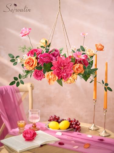 Serwalin Artificial Hot Pink & Orange Flowers, Magenta Silk Fake Flowers, Autumn Faux Flowers for Wedding Bouquet, Table Centerpieces, Home Decor - color: A Aesthetic Hot Pink & Orange, size: Square