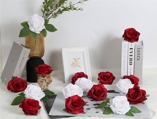 20pcs White Roses Artificial Flowers Fake Roses Real Looking Silk Flowers Bulk Big Faux Roses with Stems for Wedding Centerpieces Table Home Party Decor Bridal Floral Arrangements (White) - color: White