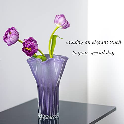 8'' Blown Glass Flower Vase for Home Wedding Modern Centerpieces Decorative (Purple) - color: Purple Wave