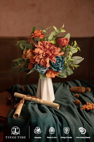 TINGE TIME 7 Inch Wedding Bouquets for Bridesmaid, Set of 4, Artificial Flowers Cascading Bridal Bouquet for Fall Wedding Ceremony Bridal Shower Rustic Vintage Wedding (BurntOrange&DarkTeal) - color: Burnt Orange & Dark Teal