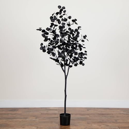 Nearly Natural 6ft Artificial Black Eucalyptus Halloween Tree - Modern Festive Decor for Spooky Atmosphere