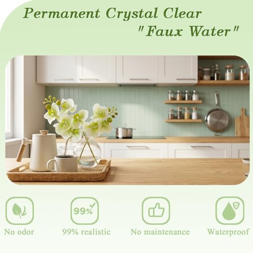 Green Textured Coated Silk Artificial Orchid Flowers with Clear Glass Vase and Faux Water, 11" Faux Phalaenopsis Orchid Arrangement Centerpiece for Dining Table Bathroom Decor - color: A-green