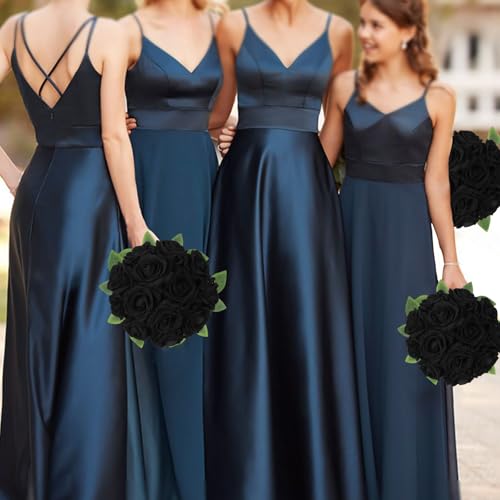 Fake Black Roses Artificial Flowers 16pcs Velvet Artificial Roses Black Flowers 3.15" Silk Roses for Bridal Bouquet Wedding Flowers for Floral Centerpieces Home Party Decor - color: 3.15" Black