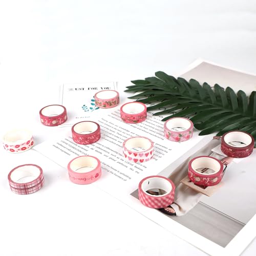 12 Rolls Pink Heart Washi Tape Set, Love Heart Cute Masking Tape Decorative Paper Tape for DIY Craft Wrapping Scrapbook Envelope Birthday Wedding Tea Party Decor,16.4FT - color: I