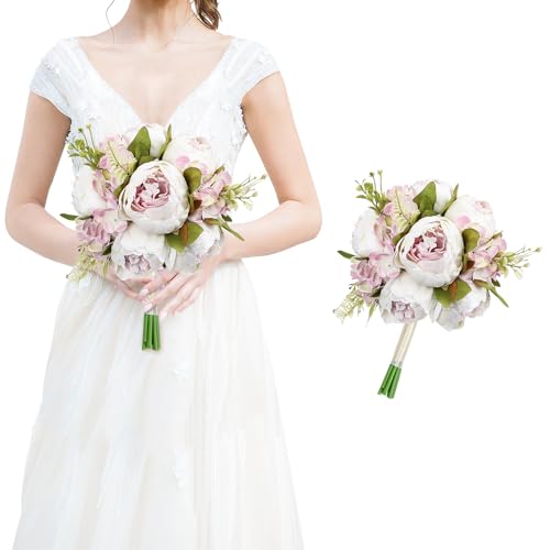 White & Purple Bridesmaid Bouquet for Wedding, an Artificial Silk Peonies Flowers Bouquet for Marriage Decorations - color: White & Purple