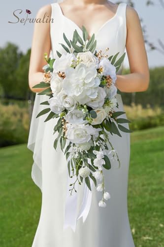 Serwalin 10 Inch Wedding Bouquets for Bride,Ivory Bridal Bouquet of Fake Flowers, Bridesmaid Bouquets for Wedding Ceremony Bridal Shower and Anniversary Day Decor - color: White and Gold