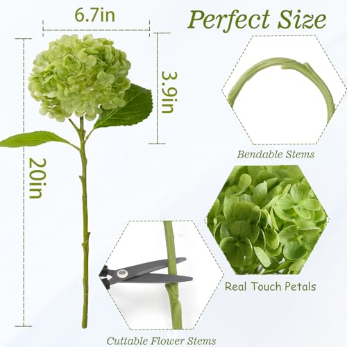 20" 4Pcs Green Faux Hydrangea Flowers Real Touch Fake Hydrangeas Bouquet Hydrangea Artificial Flowers with Leaves Stems for Centerpiece Arrangements Wedding Party Home Décor - color: Green