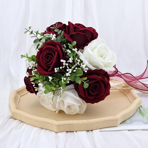 9in Wedding Bouquets for Bride Bridesmaid, Burgundy & White Artificial Roses Flowers Bouquet for Rustic Church Boho Wedding or Centerpieces Decoration