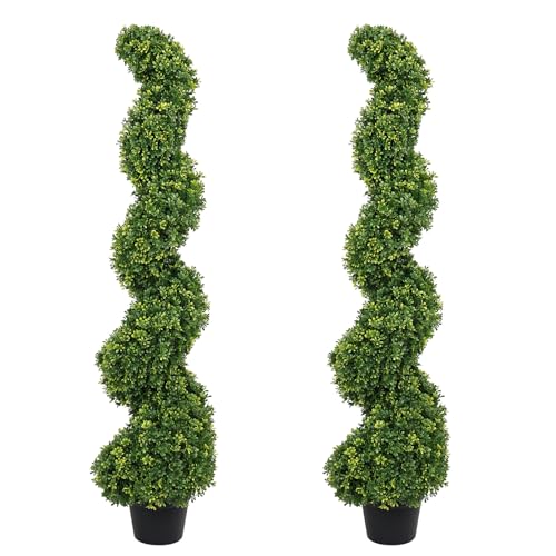 4ft Spiral Boxwood Topiary Trees Artificial Outdoor Set of 2 - UV Resistant Faux Plants for Outside Planters, 48" Fake Twisted Tree for Front Porch Decor - color: Milan Foliage, size: 4FT