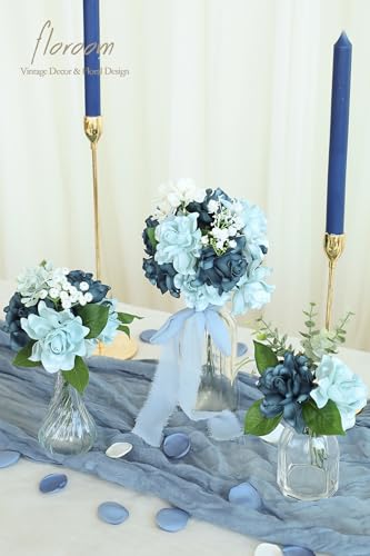 Floroom Artificial Gardenia Flowers 2.7" 25pcs Real Looking Dusty Blue Shades Foam Fake Flowers with Stem for DIY Wedding Bouquets Bridal Shower Centerpieces Floral Arrangements Party Table Decoration - color: Dusty Blue Shades