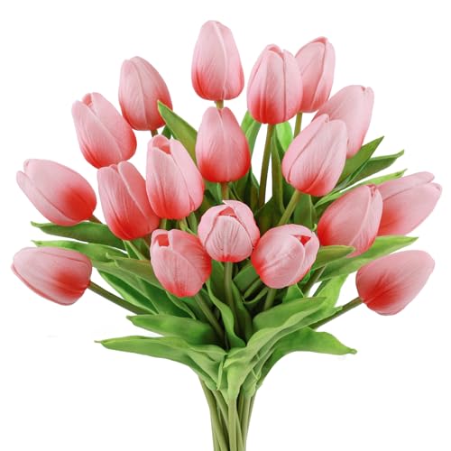 Beferr 18pcs Tulips Artificial Flowers Faux Tulip Real Touch Tulip Fake Flowers Bouquets Arrangements for Mothers Day Spring Easter Wedding Home Table Decor Coral Pink - color: N-18pcs-1colors-coral Pink, size: 18PCS