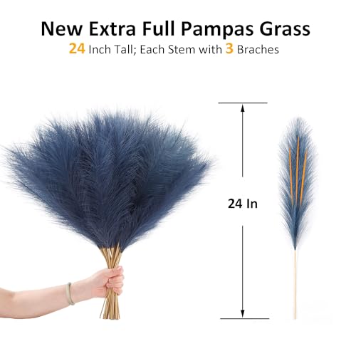 Navy Blue Faux Pampas Grass Extra Full, 24'' Tall 30 Stems with 90 Branches Artificial Pampas Grass Boho Decor, Artificial Flower Arrangements for Wedding Centerpieces, Vase Filler - color: Navy Blue, size: 24'' Tall