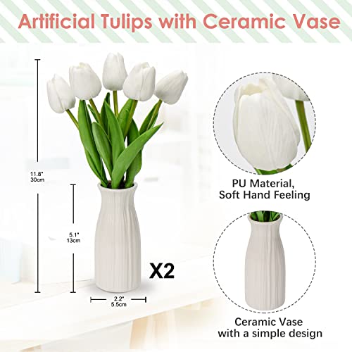 Briful 2 Packs Faux Flowers Artificial Tulips with Ceramic Vase, Poly Foam White Tulips Real Touch Flower Arrangement for Home Kitchen Wedding Centerpiece Decoration - color: White