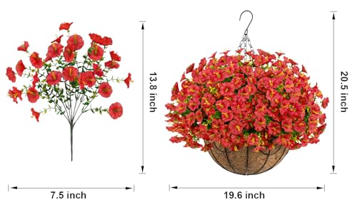 Artificial Hanging Flowers with Basket for Outdoors, UV Resistant Faux Silk Morning Glory with Eucalyptus Realistic Fake Hanging Plants for Spring Summer Outside Decor (Red) - color: Red