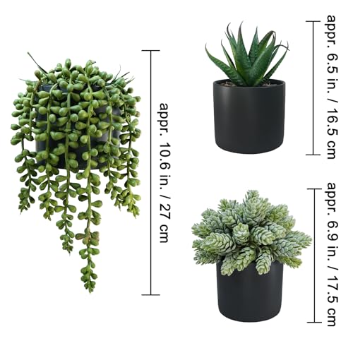 Winlyn Set of 3 Small Artificial Potted Succulent Plants Faux Aloe Hops String of Pearls Succulents in Black Cylinder Pots for Gift Home Office Bathroom Indoor Outdoor Table Shelf Windowsill Décor - color: Black Ceramic Pots