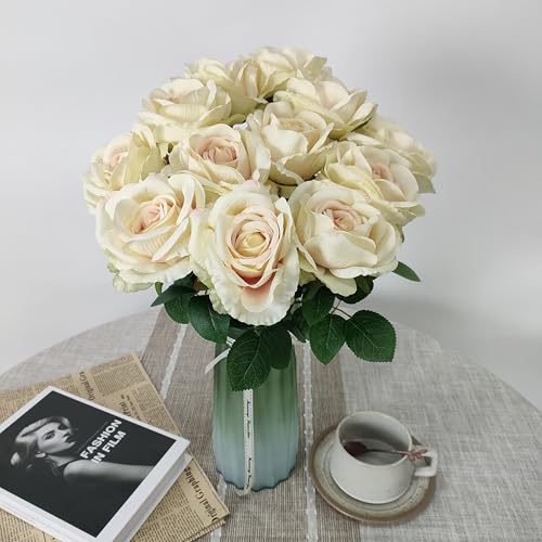 ATFL Fake Roses Artificial Flowers Bulk,Floral Diameter 4'',20 Pcs Artificial Silk Roses Flowers with Stems for Wedding Arrangement Centerpieces Party Home Table Decorations (20, Champagne) - color: Champagne