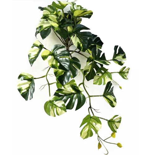 Artificial Monstera Plants, Fake Tropical Palm Small Potted Faux Hanging Greenery Mini Plants for Indoor Outdoor Home Office Garden Houseplants Pot Decor Wedding Party Decorations - Oil Painting Green - color: Monstera Plant - White Green 1 Pcs