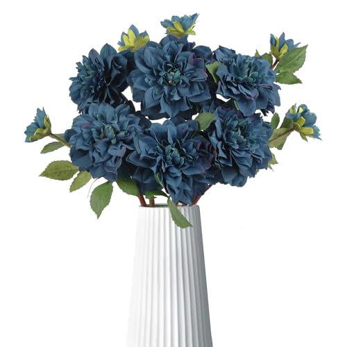6pcs Large Fake Dahlia Artificial Flowers Blue Faux Dahlia Silk Flowers with Long Stem for DIY Wedding Craft Bouquets Party Floral Arrangements Home Tables Decor（Blue - color: Blue