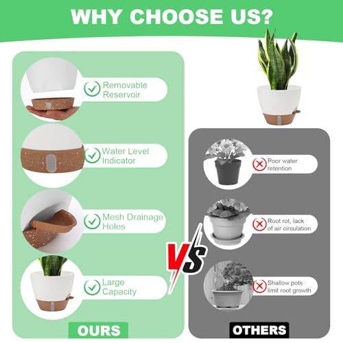 Self Watering Planter with Visual Water Level, 6Pack Small Plastic Pot Set with Drainage Holes and Reservoir Saucers, Modern 8+7+6.5+6+5.5+5 Inch Bottom Watering Flower Pots for Indoor Plant - White - color: White-small