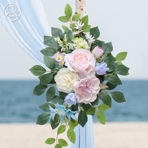 Odouzy Wedding Arch Flowers Kit,Artificial Flower Arch Decor (Set of 3),2pcs Artificial Flower Arrangement with 1pc Sheer Drape for Wedding Decor Reception Backdrop Floral Decorations (Bluish Pink) - color: Bluish Pink