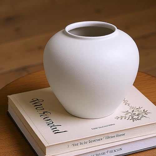 Rustic Matte Ceramic Vase for Home Decor, 7.48 Inch Farmhouse Minimalist White Round Vase for Flowers, Living Room, Kitchen, Table, Entryway, Decorative Pottery Vases for Centerpiece, Bedroom