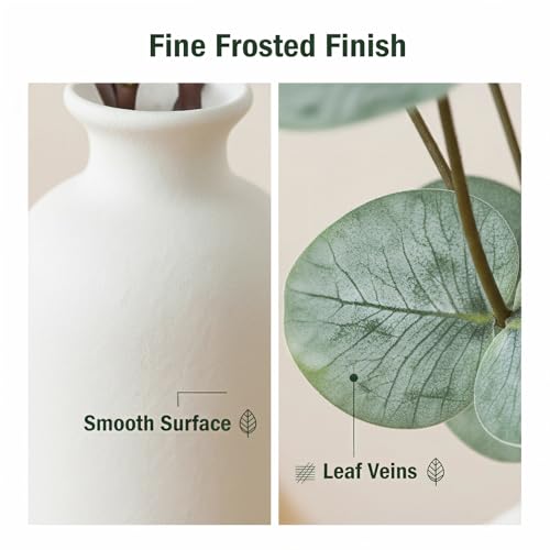 15" Artificial Eucalyptus Stems Potted Plant - Realistic Small Fake Desk Plants for Office Home Decor, Faux Plants in Frosted Ceramic Vase for Indoor Spaces, Wedding Centerpieces Table Decor（4pcs leaf - color: Eucalyptus Plant
