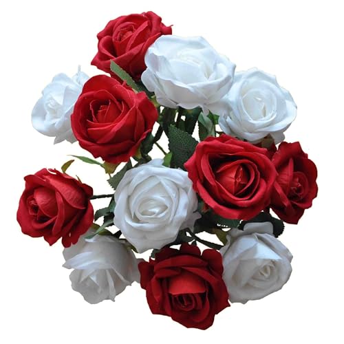 12PCS Artificial Realistic Silk Fake White Red Mixed Roses Long Stem | 2 Colors Mixed Roses For Wedding Decoration, Party Table Decoration, Valentines Mother's Day - color: 6 Red /6 White