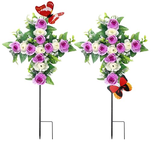 Artificial Cemetery Flowers,Set of 2 Faux Floral Cross,Artificial Rose Bouquet Decoration for Cemetery Headstones Gravesites,Silk Flowers for Long-Lasting Remembrance (Purple) - color: Purple