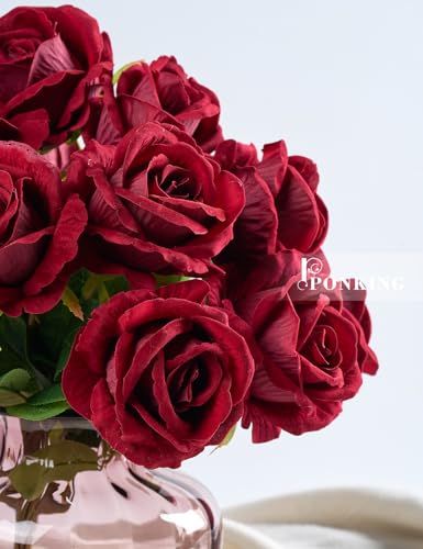 PONKING 3.5"(9cm) Rose Artificial Flower 12pcs Realistic Faux Silk Roses Fake Flowers Bouquets Arrangements Decor for Wedding Mother's Day, Home Table Christmas Valentine Decorations, Burgundy Flower - color: D 12pcs Burgundy Rose