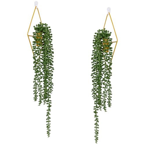 2 Pack Artificial Hanging Plants with Geometric Metal Wall Planter, Faux String of Pearls Hanging Plant, Fake Succulent Vine Potted Plant for Wall Decor, Indoor Outdoor Home Office Garden Patio Decor - color: String of Pearls-b, size: 2Pack
