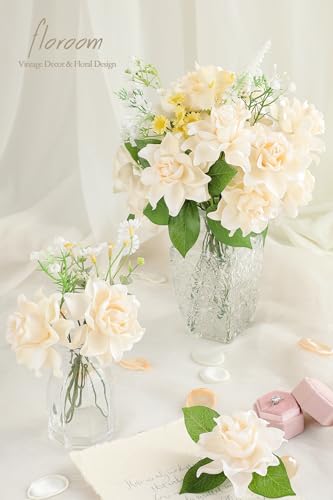 Floroom Artificial Gardenia Flowers 2.7" 25pcs Real Looking Cream Foam Fake Flowers with Stems for DIY Wedding Bouquets Bridal Shower Centerpieces Floral Arrangements Party Tables Home Decorations - color: Cream