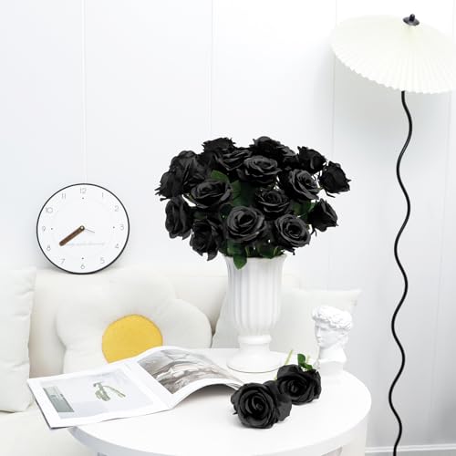 Ouddy Decor 20 Pcs Fake Black Roses Artificial Silk Flowers with Long Stems for Mother's Day Wedding Home Party Table Centerpieces Bridal Bouquet DIY Floral Arrangment, Black - color: Black, size: 20 Packs