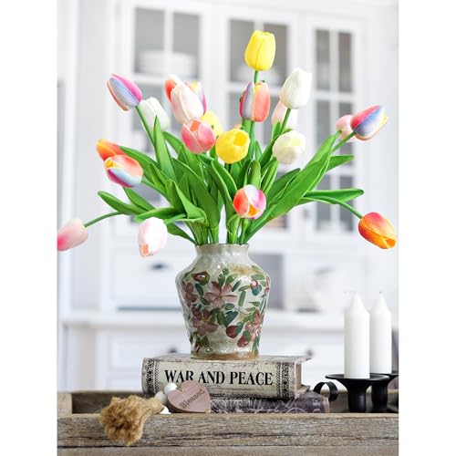 FiveSeasonStuff Real Touch Rainbow Tulips Bouquet, 15 Multicolor Artificial Stems with Soft PU Petals - color: Pastel Rainbow