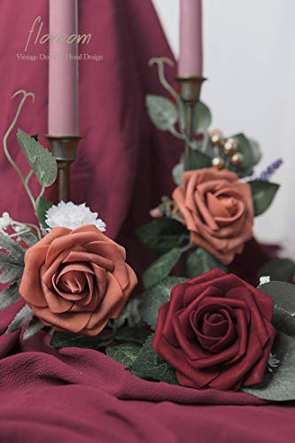 Floroom Artificial Flowers 25pcs Real Looking Burgundy Foam Fake Roses with Stems for DIY Wedding Bouquets Red Bridal Shower Centerpieces Party Decorations - color: Burgundy, size: 25Pcs