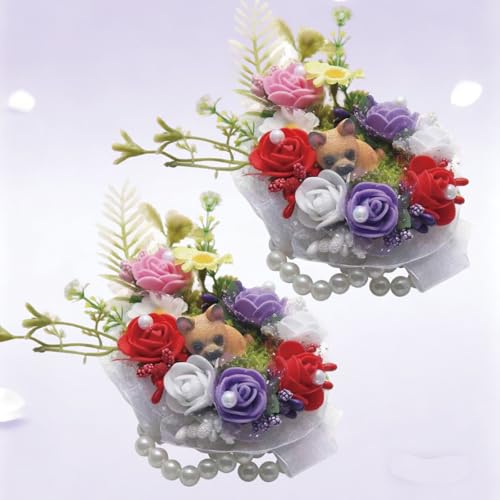 Wrist Corsage and Boutonniere Set, Artificial Rose Corsage Wristlet and Boutonniere for Wedding Prom Party (Red & Purple, 2pcs Wrist Corsage) - color: Red & Purple, 2pcs Wrist Corsage