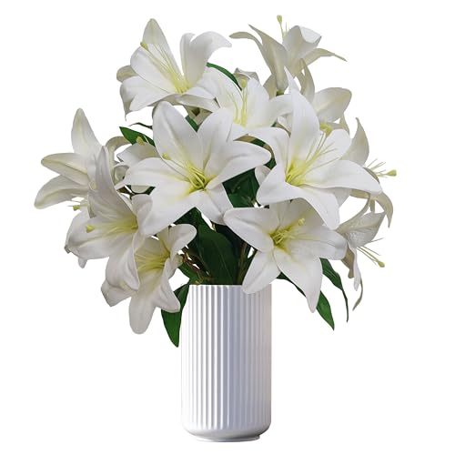 Artificial White Lilies Flowers,10Pcs Faux Lily Flower,20''Tiger Lily Branch with 2 Full Blooms, Faux Fake Lilies Plants for Wedding Bouquet Home Party Indoor Floral Arrangements (10, White) - color: White