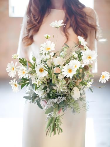 White Artificial Daisy Flowers 6Pcs 29.52” Long Stem Faux Daisies 36 Heads Fake Wild Flowers for Tall Vase Living Room Bedroom Bridal Bouquets Table Centerpieces(White) - color: White