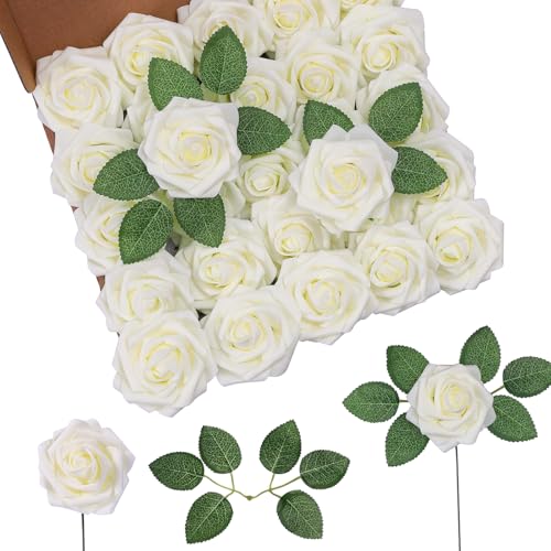 DuHouse 25Pcs Artificial Roses Flowers Fake Roses with Stems Real Touch Foam Flowers for DIY Wedding Bouquet Party Centerpiece Floral Arrangement Party Home Decor(Ivory White) - color: Ivory White, size: 25pcs