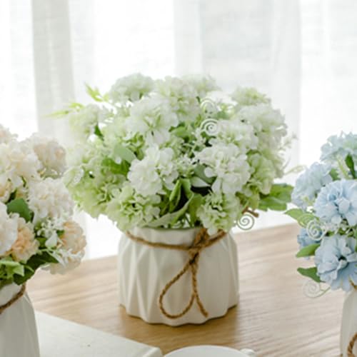 TKAS Fake Flowers Arrangement in Ceramic Vase, Artificial Faux Silk Hydrangea, Small Realistic Dried-Style Floral, Dining Table Centerpiece for Wedding Party Home Decoration (Green) - color: Green