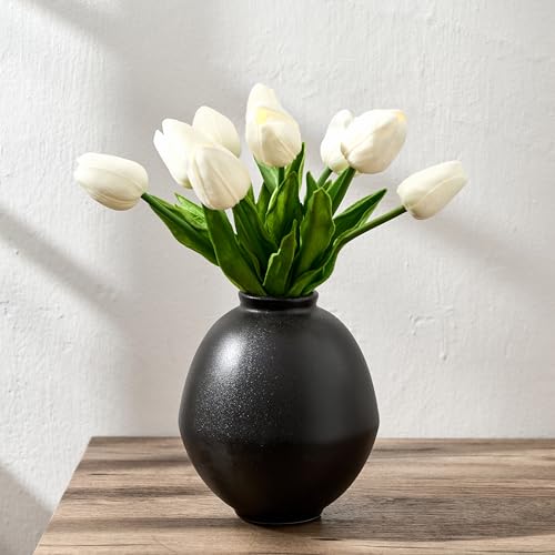 Ceramic Flower Vase, 5.8 Inch Cute Nordic Minimalist Vase Home Decor, Modern Aesthetic Farmhouse Decorative for Bouquet Pampas Grass Dried Fresh Flowers, Living Room, Table, Shelf, Fireplace - color: Metallic Black- 5.75"