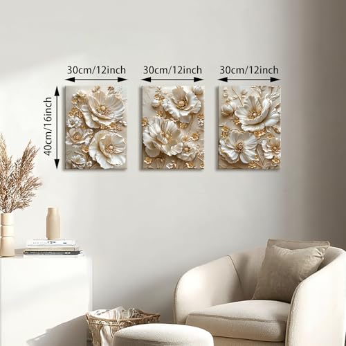 3 Pcs Modern Beige Gold Peony Floral Canvas Wall Art, Neutral Elegant 3d Beige Flowers Wall Painting White Blooming Floral Pictures Posters Art Print Home Decor for Bedroom Living Room Office 12"x16"x3 - color: Flower-gold peony, size: 12"x16"x3Pcs