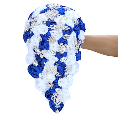 Luxury Cascade Bridal Wedding Bouquet Satin Rose Waterfall Holding Bouquet Artificial Flower Bunch for Bride Bridesmaid(Royal Blue & White, 17.3" x 8.7") - color: Royal Blue & White, size: 17.3"L x 8.7"W(44cm x 22cm)