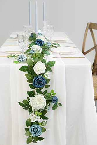 PONATIA 5FT Handcrafted Artificial Rose Flower Garland, Dusty Blue Flowers Greenery Garland for Wedding Ceremony Garlands Backdrop Arch Flowers, Ceremony Reception Table Decorations - color: Dusty Blue & Navy Blue