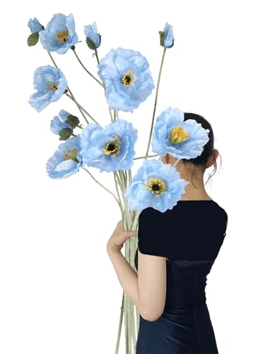 Artificial Poppy Flowers,6PCS Blue Silk Poppy Flower 41.3in Fake Poppies Long Stem Flowers for Wedding Party Office Home Decor(Light Blue) - color: Light Blue
