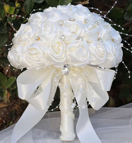 Ujicde Romantic Wedding Bouquet Bridal Bridesmaid Round Bling Brooch Bouquet Throw Toss Artificial Rose Flower Bunch with Sparkle Rhinestone Crystal Decoration(Ivory,Dia. 6.3"*16cm) - color: Ivory, size: Dia. 6.3"*16cm