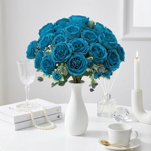 8 Pack Teal Peonies Artificial Flowers, Faux Floral Fake Silk Hydrangea Bouquet for Bridal Wedding Home Table Decor Reusable Dining Opening Ceremony Birthday Arrangement - color: Teal